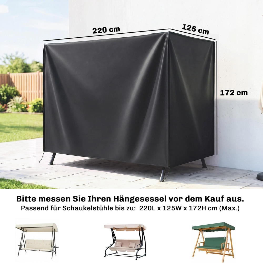 Outsunny sodo sūpynių užvalkalas, vandeniui atsparus apsauginis gaubtas sodo sūpynėms, uždanga su apsauga nuo UV spindulių, Oksfordo audinys, juodas, 220 x 125 x 172 cm