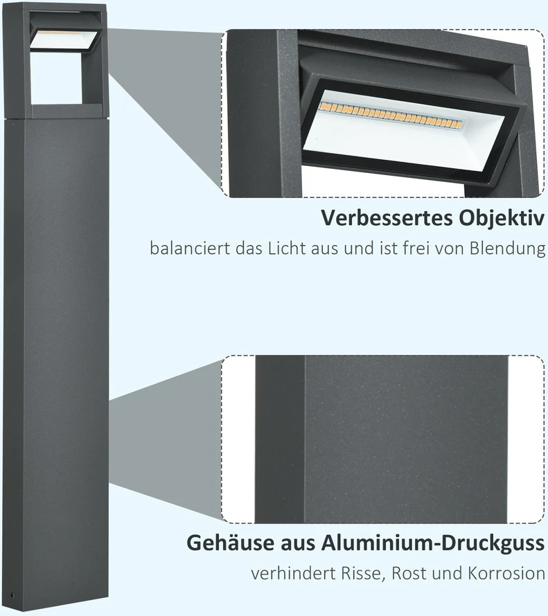 Outsunny sodo šviestuvas, stulpelinis šviestuvas su šiltai balta LED šviesa, reguliuojamu pasvirimo kampu, IP65, aliuminis, lauko erdvėms, tamsiai pilkas