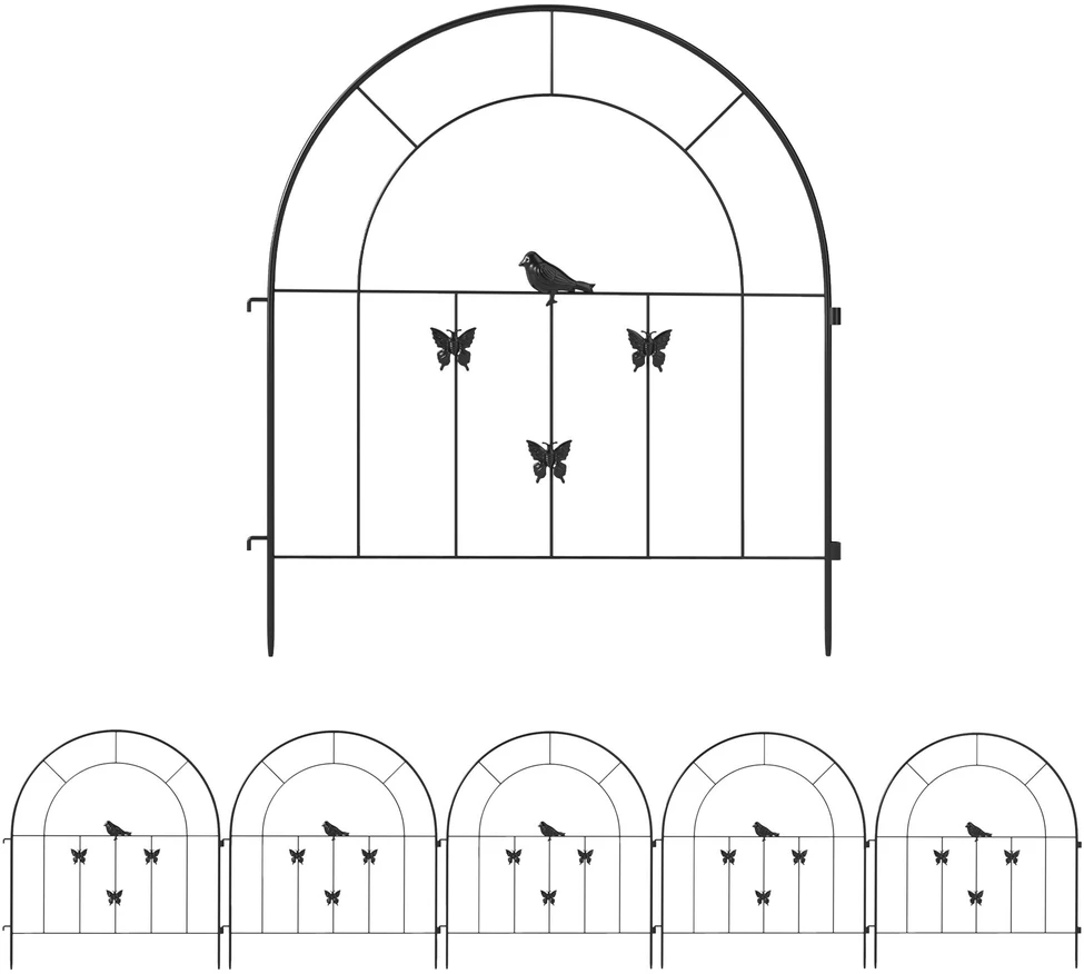 Outsunny sodo tvora, plieninė, 300 cm x 70 cm, dekoratyvinė grotelių tvoros sistema, tvoros elementai, šunų tvora, arkiniu viršumi, kraštovaizdžio tvora sodui, gėlynams, augintinių užtvara, lauko, juoda