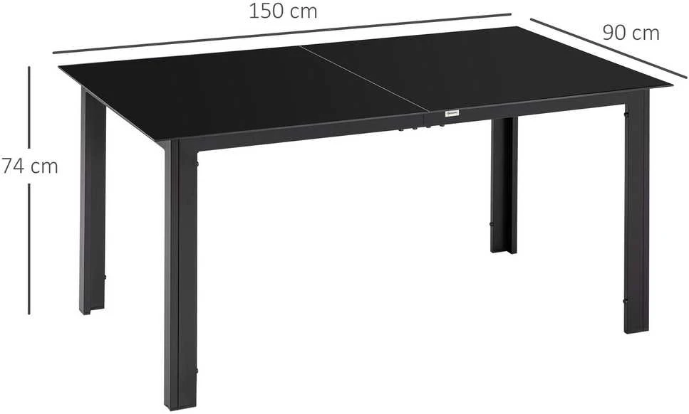 Outsunny sodo stalas, lauko valgomojo stalas 6 asmenims, terasos stalas su stikliniu stalviršiu, aliuminio vakarėlių stalas, balkono stalas, juodas, 150 x 90 x 74 cm
