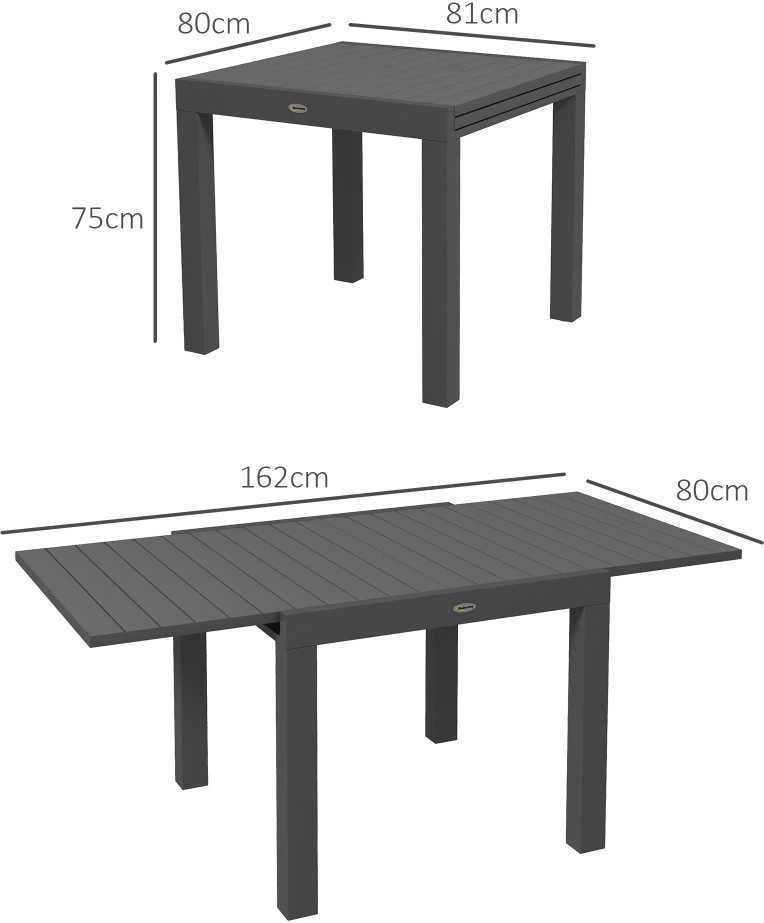 Outsunny sodo stalas, valgomasis stalas 6 asmenims, terasos stalas, išskleidžiamas balkono stalas, apkrova iki 70 kg, aliuminis, pilkas, 81/162 x 80 x 75 cm