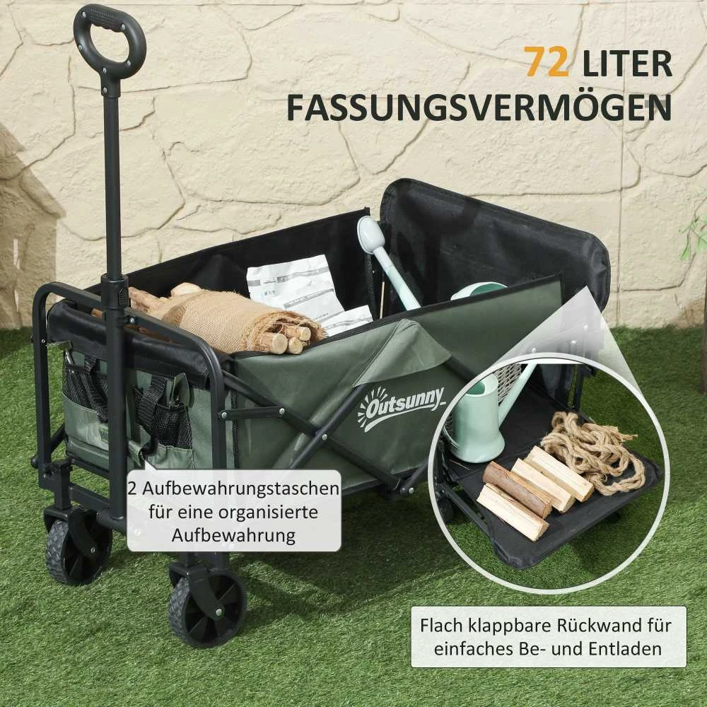 Outsunny sodo vežimėlis, 90 kg keliamoji galia, sulankstomas transportavimo vežimėlis su nuimamu tentu, rankena, ratais, vairuojama ašimi, rankinis vežimėlis 72 litrų, sodo karutis namams ir sodui, žalias