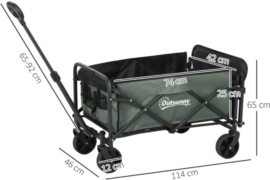 Outsunny sodo vežimėlis, 90 kg keliamoji galia, sulankstomas transportavimo vežimėlis su nuimamu tentu, rankena, ratais, vairuojama ašimi, rankinis vežimėlis 72 litrų, sodo karutis namams ir sodui, žalias