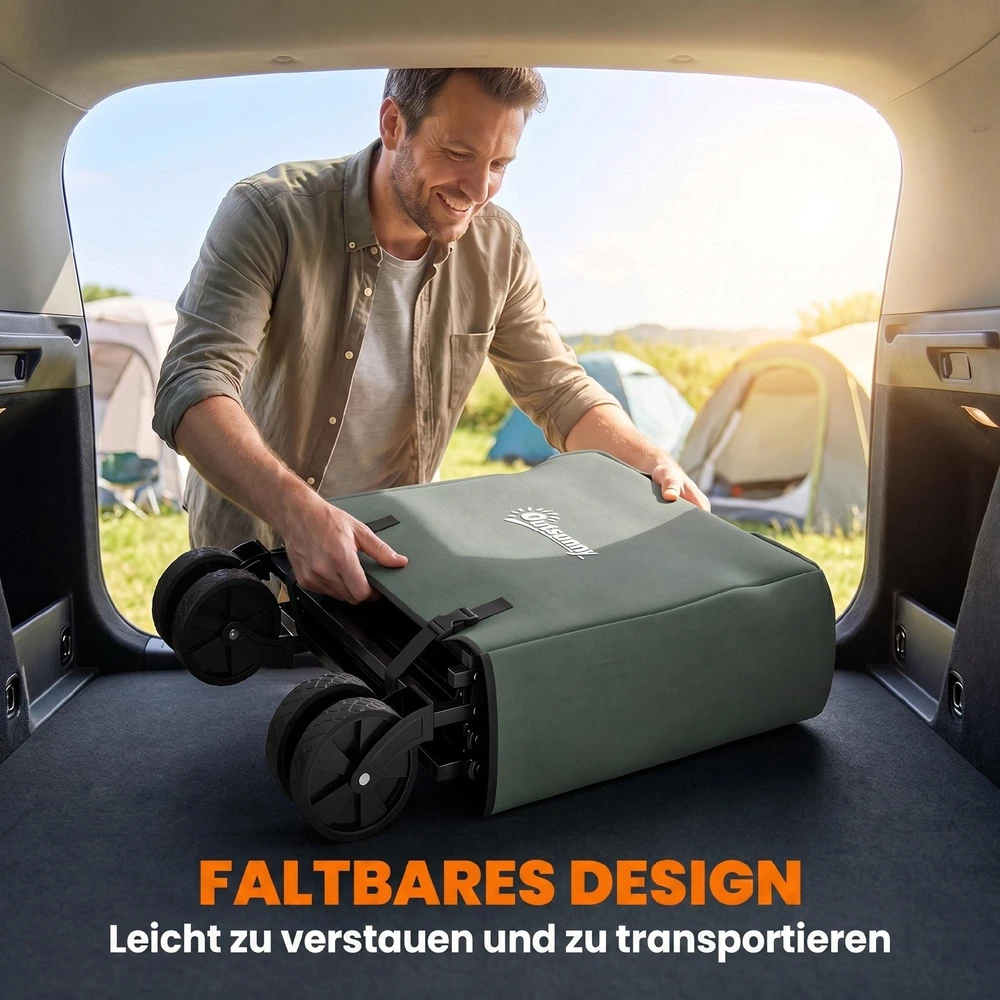 Outsunny sodo vežimėlis, 90 kg keliamoji galia, sulankstomas transportavimo vežimėlis su nuimamu tentu, rankena, ratais, vairuojama ašimi, rankinis vežimėlis 72 litrų, sodo karutis namams ir sodui, žalias
