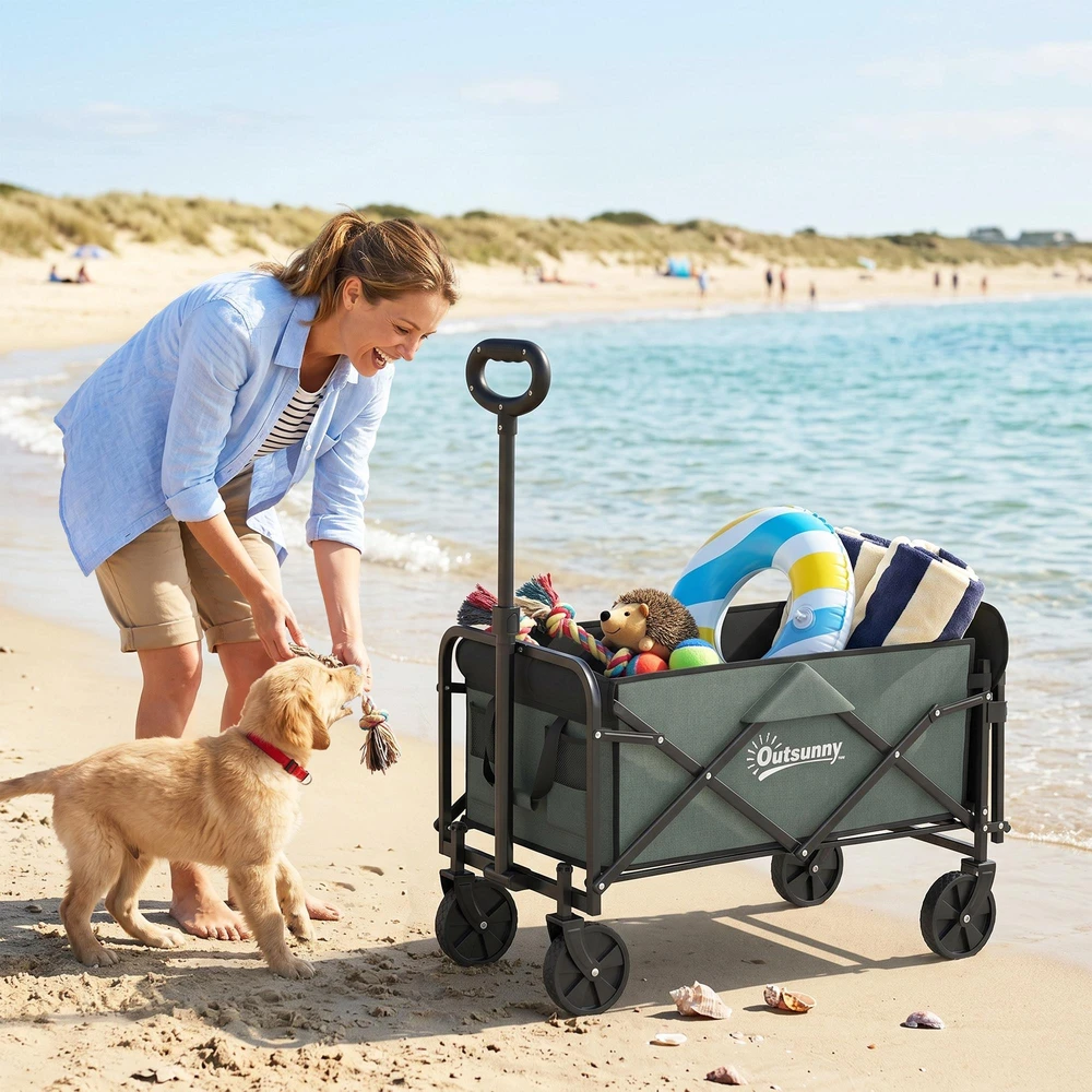 Outsunny sodo vežimėlis, 90 kg keliamoji galia, sulankstomas transportavimo vežimėlis su nuimamu tentu, rankena, ratais, vairuojama ašimi, rankinis vežimėlis 72 litrų, sodo karutis namams ir sodui, žalias