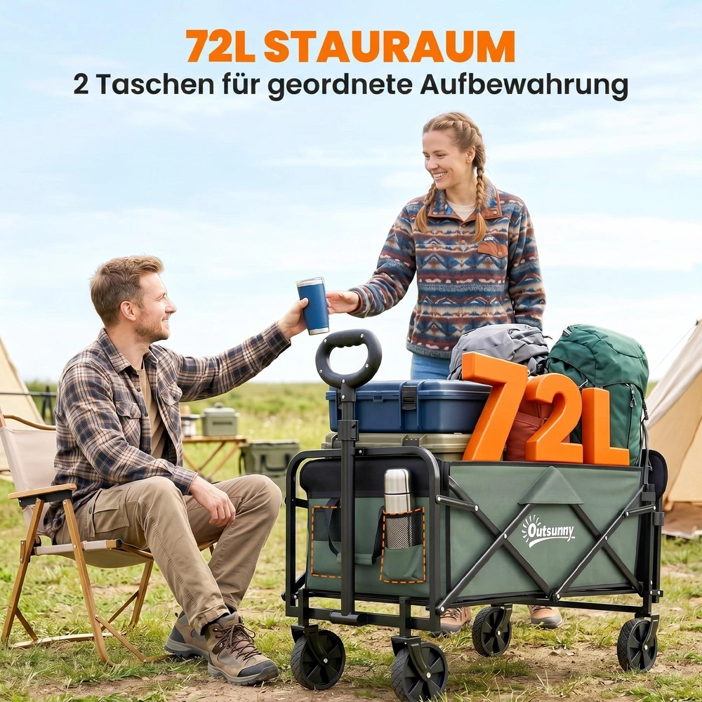 Outsunny sodo vežimėlis, 90 kg keliamoji galia, sulankstomas transportavimo vežimėlis su nuimamu tentu, rankena, ratais, vairuojama ašimi, rankinis vežimėlis 72 litrų, sodo karutis namams ir sodui, žalias