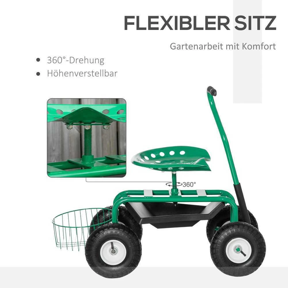 Outsunny sodo vežimėlis, dirbtuvių vežimėlis, sodo kėdė su besisukančia sėdyne ir krepšiu, reguliuojamo aukščio, 150 kg keliamoji galia, metalas+guma, žalia, 81 x 44,5 x 46–59 cm
