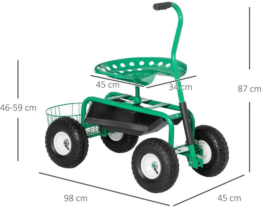 Outsunny sodo vežimėlis, dirbtuvių vežimėlis, sodo kėdė su besisukančia sėdyne ir krepšiu, reguliuojamo aukščio, 150 kg keliamoji galia, metalas+guma, žalia, 81 x 44,5 x 46–59 cm