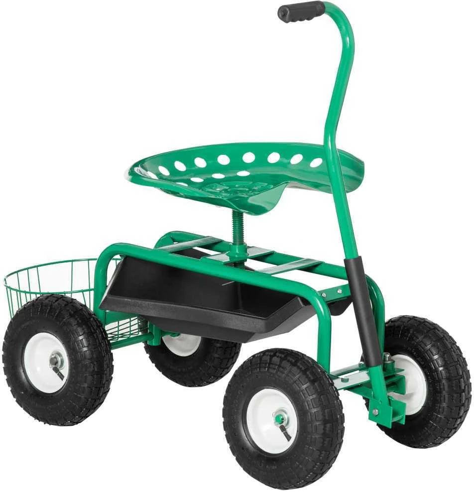 Outsunny sodo vežimėlis, dirbtuvių vežimėlis, sodo kėdė su besisukančia sėdyne ir krepšiu, reguliuojamo aukščio, 150 kg keliamoji galia, metalas+guma, žalia, 81 x 44,5 x 46–59 cm