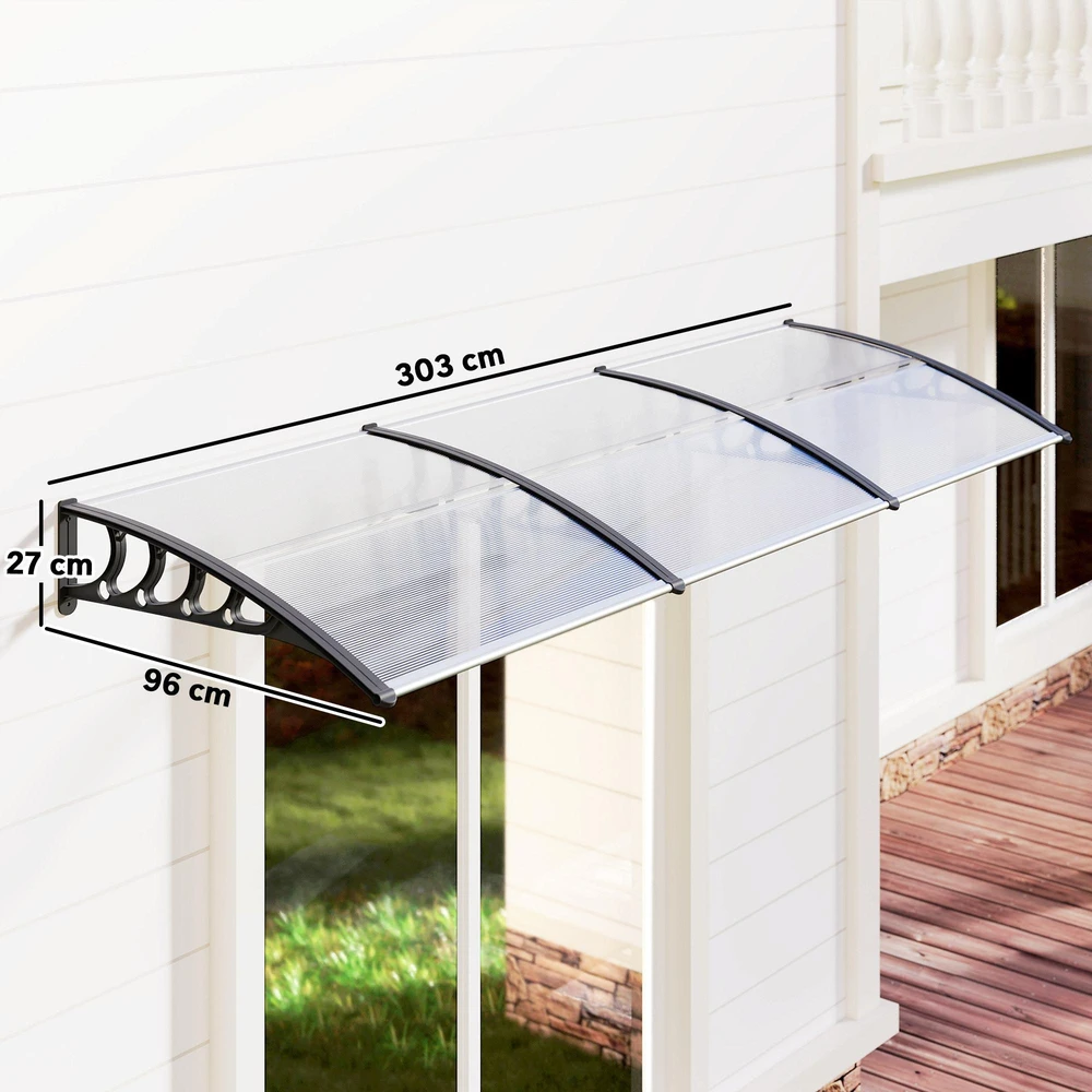 "Outsunny" stogelis lauko durims 303 x 96 x 27 cm stogelis su apsauga nuo UV spindulių, apsauga nuo lietaus, apsauga nuo saulės lauke aliuminis juodas