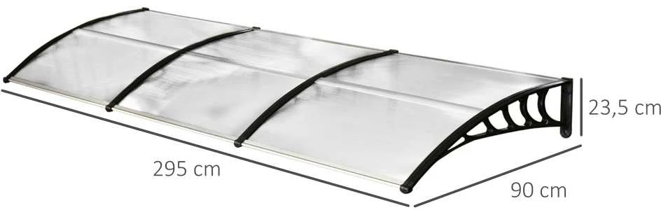 Outsunny stogelis durims, 90 x 295 cm, arkos formos polikarbonatinis stogelis su apsauga nuo UV spindulių, apsauga nuo saulės ir lietaus