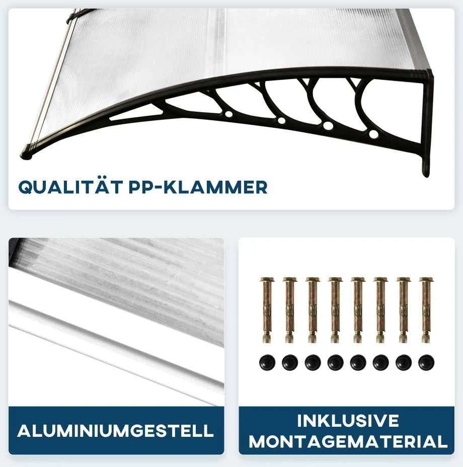 Outsunny stogelis durims, 90 x 295 cm, arkos formos polikarbonatinis stogelis su apsauga nuo UV spindulių, apsauga nuo saulės ir lietaus
