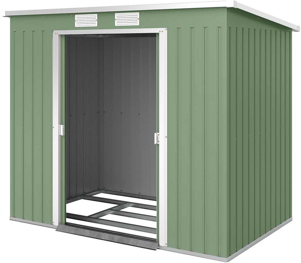 Outsunny sodo namelis 2,42 m², metalinis įrankių sandėliukas su ventiliacijos langais, stumdomomis durimis, pagrindu, 213 x 130 x 159/172 cm, cinkuotas plienas, atsparus oro sąlygoms, žalias
