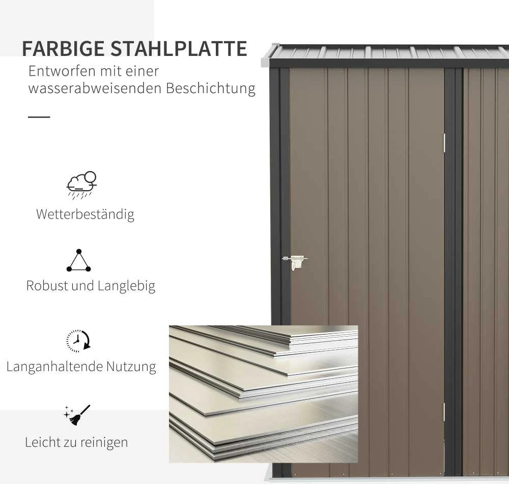 Outsunny sodo namelis su vienšlaičiu stogu 1,34 m², metalinis sodo namelis, įrankių pašiūrė, cinkuotas plienas, rudas, 161,5 x 94,5 x 196 cm