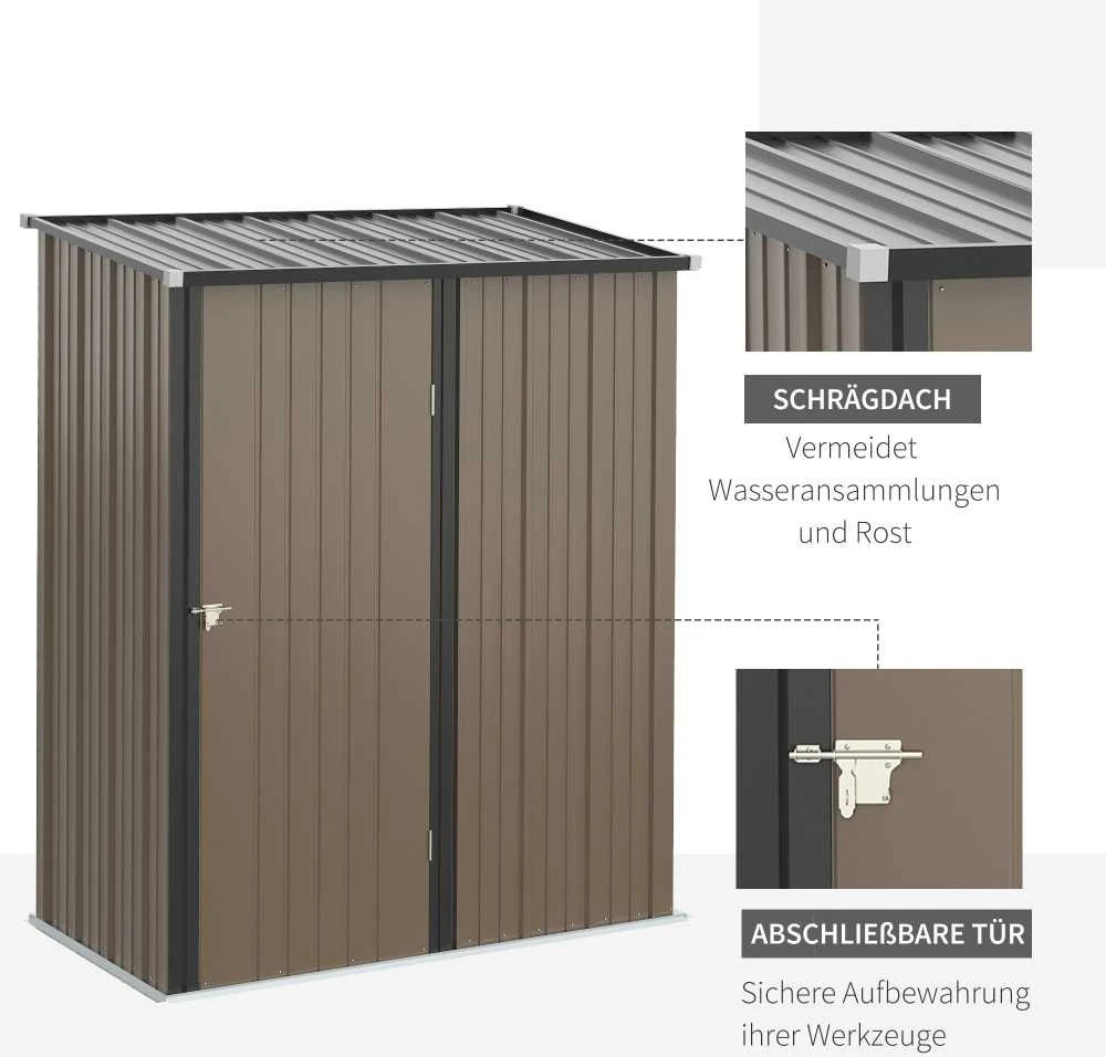 Outsunny sodo namelis su vienšlaičiu stogu 1,34 m², metalinis sodo namelis, įrankių pašiūrė, cinkuotas plienas, rudas, 161,5 x 94,5 x 196 cm