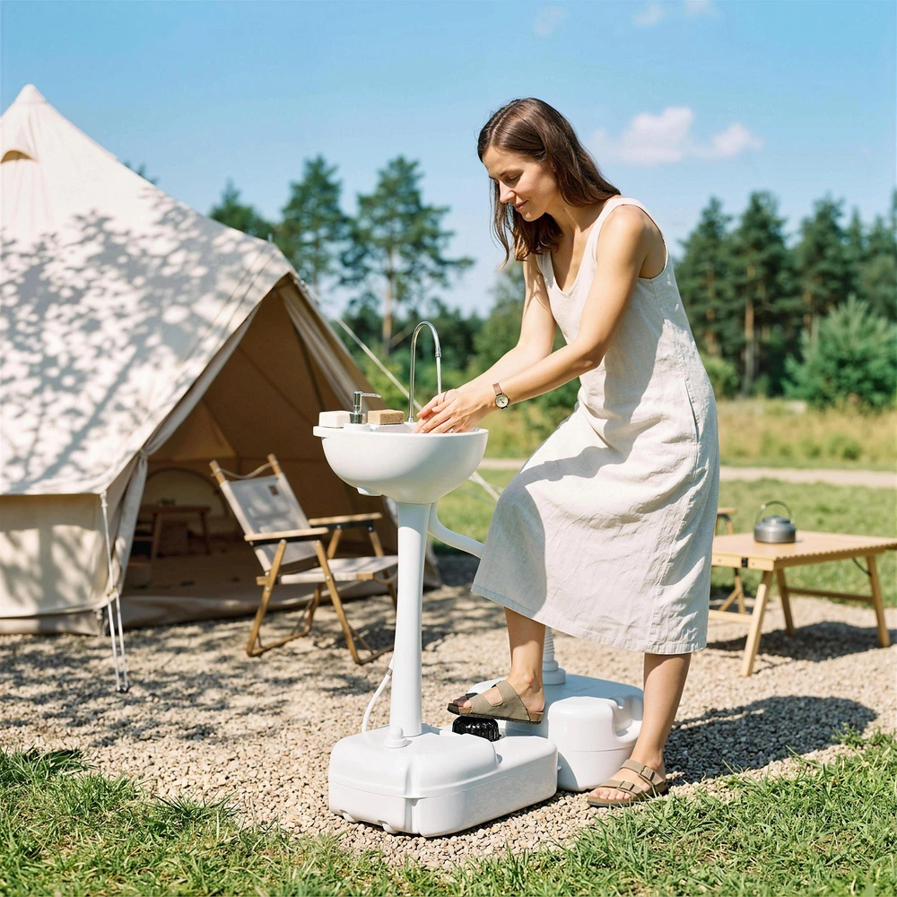 Outsunny stovyklavimo praustuvė, rankų plautuvė su nuotekų surinkimo talpa, 17 l vandens bakas, mobilioji plautuvė su dozatoriumi, HDPE, pilka, 83 x 50 x 103 cm