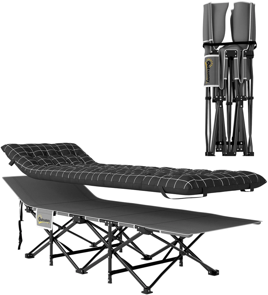 Outsunny sulankstoma kempingo lova, kelioninė lova su šonine kišene, čiužiniu, neslystanti, svečių lova, atlaikanti iki 150 kg, lauko, Oksfordo audinys, juoda, 190 x 67 x 37 cm
