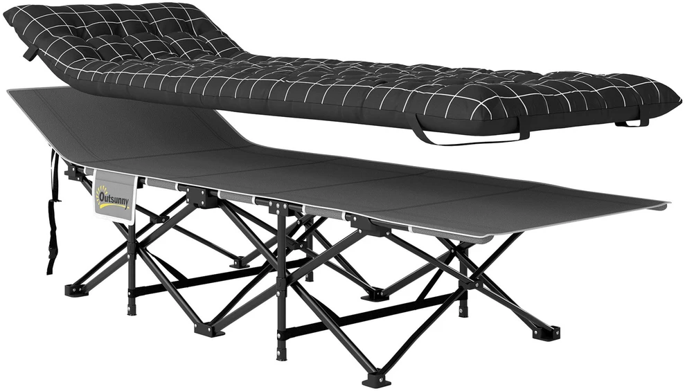 Outsunny sulankstoma kempingo lova, kelioninė lova su šonine kišene, čiužiniu, neslystanti, svečių lova, atlaikanti iki 150 kg, lauko, Oksfordo audinys, juoda, 190 x 67 x 37 cm