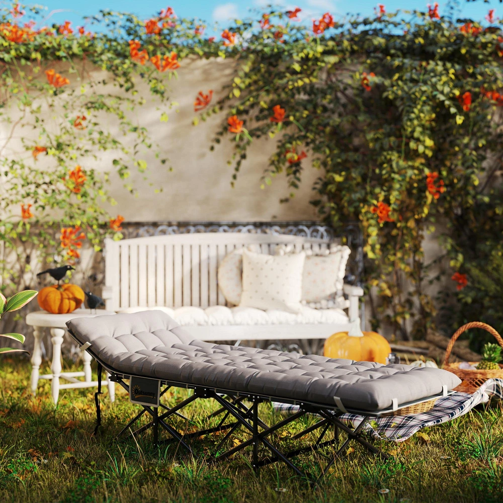 Outsunny sulankstoma kempingo lova su čiužiniu, pagalve ir šonine kišene, 190 x 65 x 37 cm, skirta suaugusiesiems, svečių lova iki 150 kg, sulankstoma lova lauko poilsiui, sodui, stovyklavimui ir kelionėms, šviesiai pilka