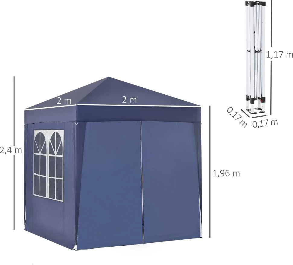 Sulankstomas paviljonas Outsunny 2x2m, 4 šoninės sienelės su langais, durys su užtrauktuku, sodo palapinė, įskaitant kuolelius ir tvirtinimo virves, metalas, oksfordo audinys