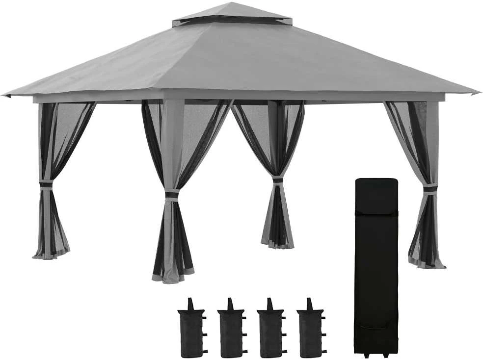 Outsunny sulankstomas paviljonas 4x4m, „pop-up“ sodo palapinė su apsauga nuo UV spindulių ir tinklelio sienelėmis, dvigubu stogu, tamsiai pilka