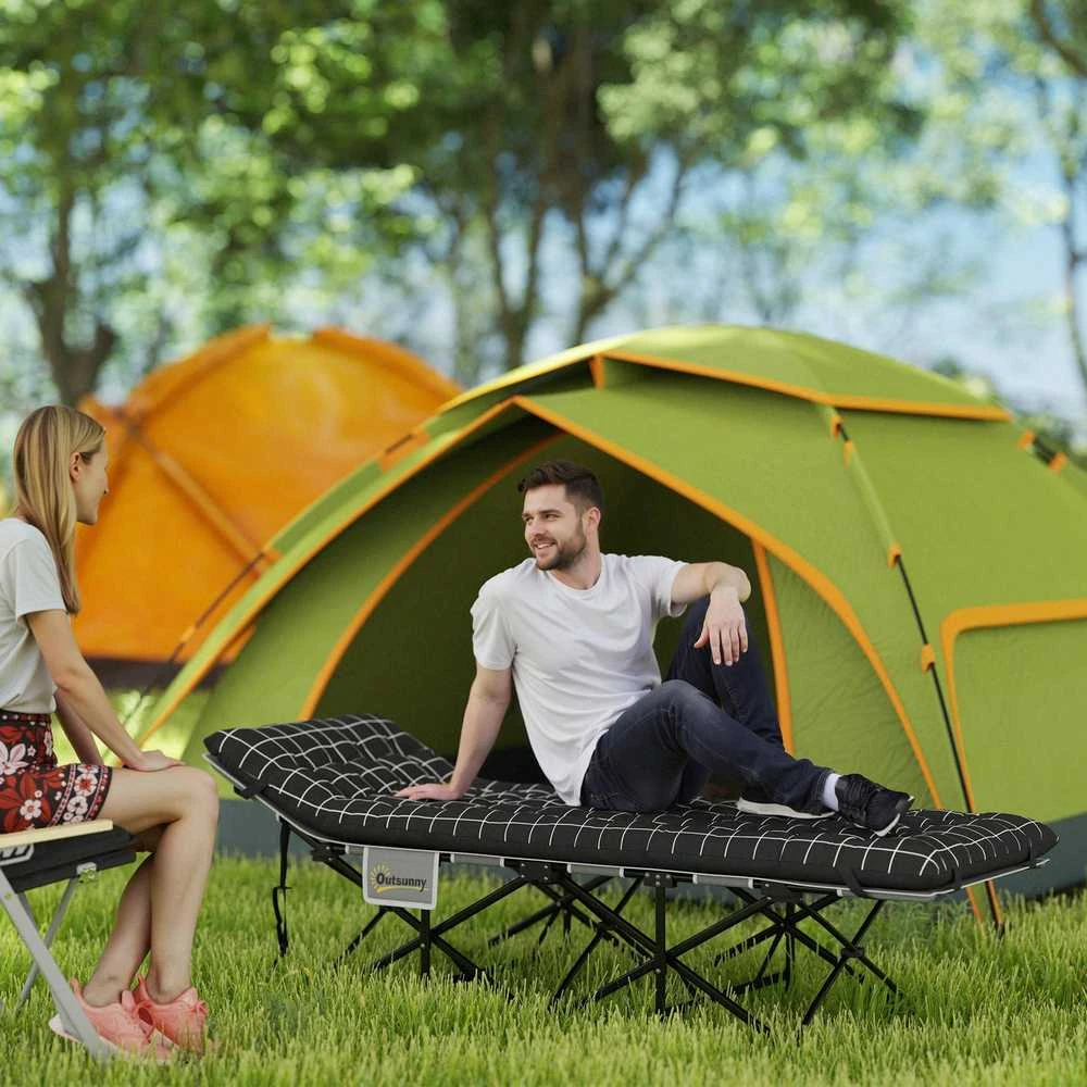 Outsunny sulankstoma kempingo lova, kelioninė lova su šonine kišene, čiužiniu, neslystanti, svečių lova, atlaikanti iki 150 kg, lauko, Oksfordo audinys, juoda, 190 x 67 x 37 cm