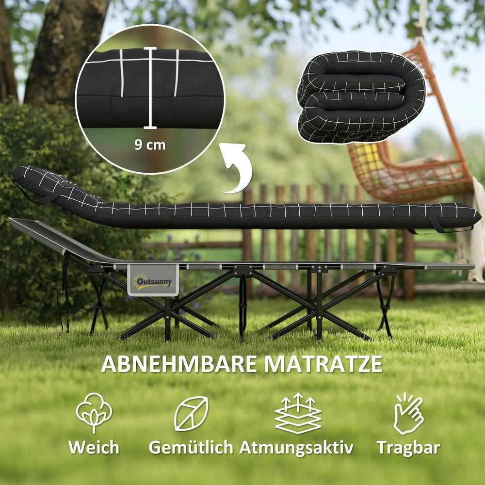 Outsunny sulankstoma kempingo lova, kelioninė lova su šonine kišene, čiužiniu, neslystanti, svečių lova, atlaikanti iki 150 kg, lauko, Oksfordo audinys, juoda, 190 x 67 x 37 cm