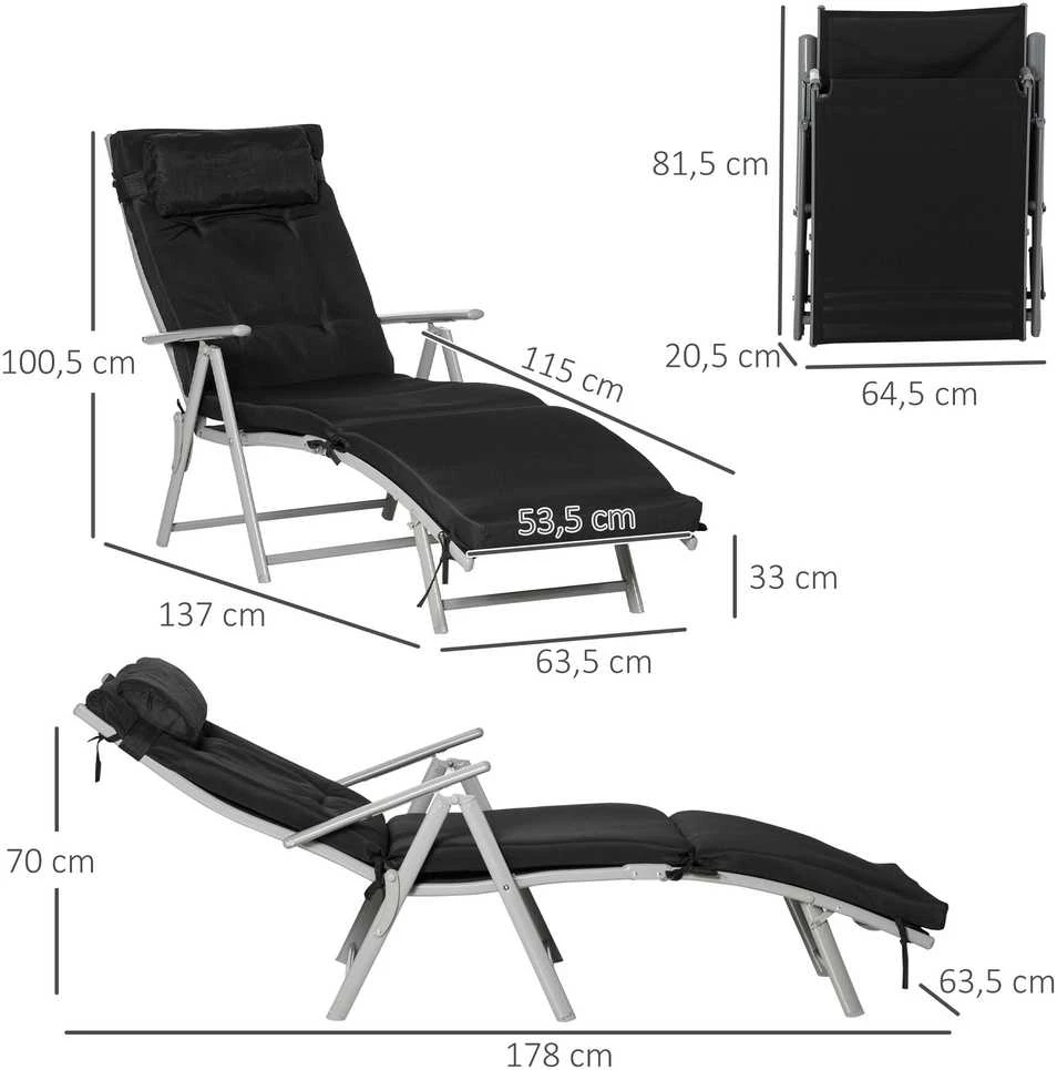 Outsunny sulankstomas reguliuojamas gultas, sodo gultas su pagalve, metalas, audinys, juodas, 137x63,5x100,5 cm