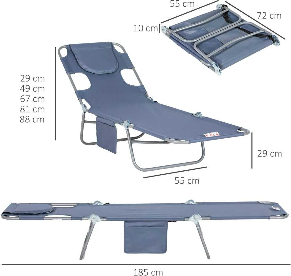 "Outsunny" sulankstomas sodo gultas su skaitymo langeliu, galvos pagalvėle, 5 padėčių reguliuojamu atlošu, oro sąlygoms atsparus kempingo gultas, maksimali apkrova 120 kg, skirtas sodui, paplūdimiui, baseinui, pilkos spalvos