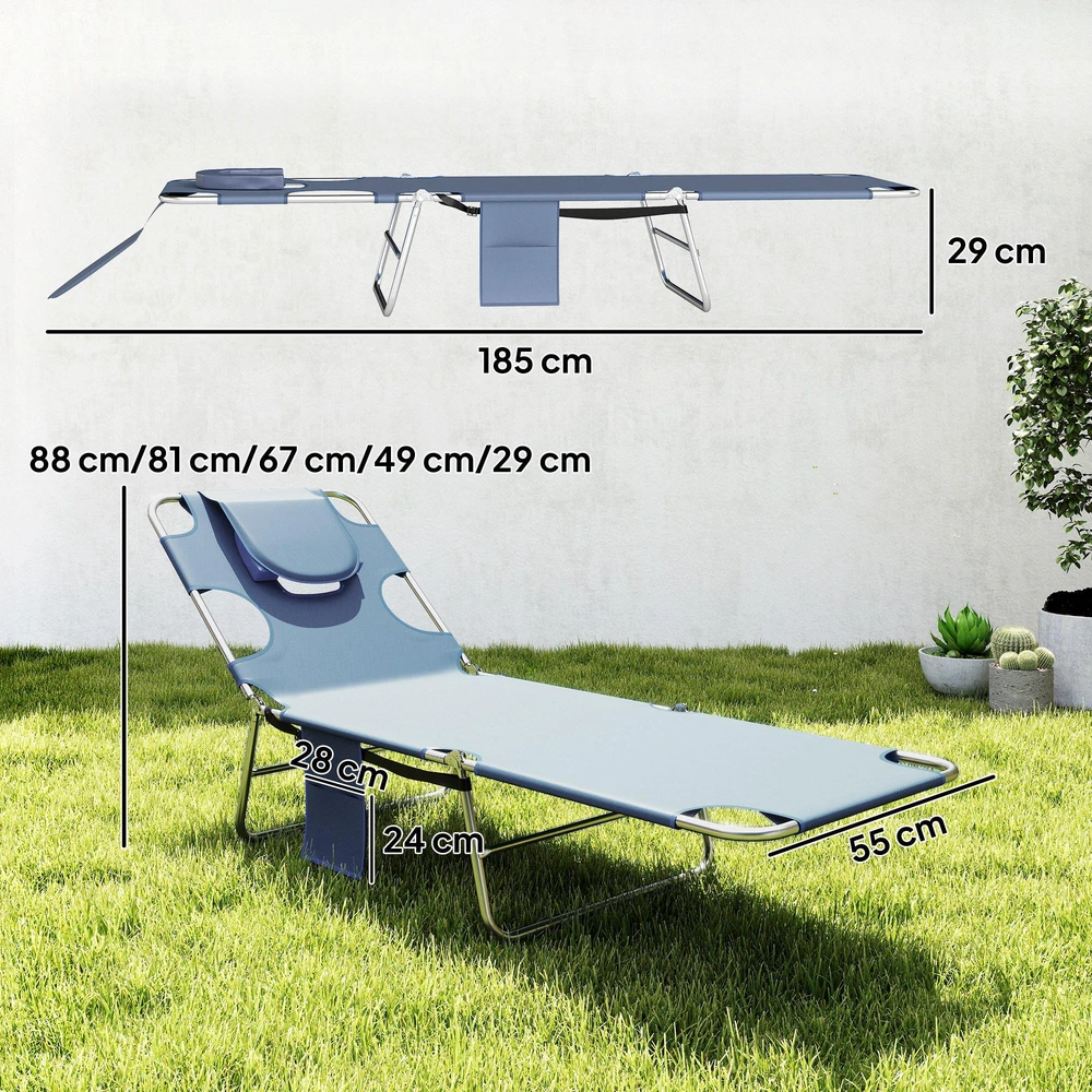 "Outsunny" sulankstomas sodo gultas su skaitymo langeliu, galvos pagalvėle, 5 padėčių reguliuojamu atlošu, oro sąlygoms atsparus kempingo gultas, maksimali apkrova 120 kg, skirtas sodui, paplūdimiui, baseinui, pilkos spalvos