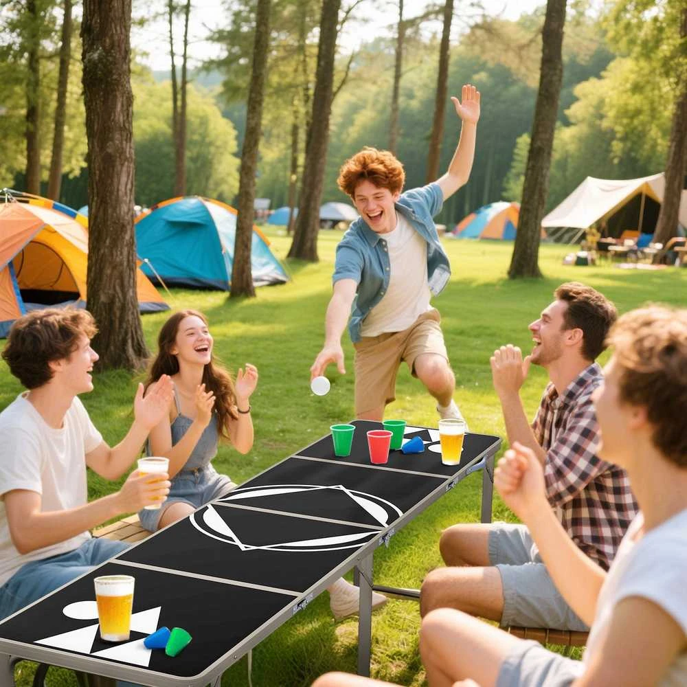 Outsunny Beer Pong stalas, sulankstomas kempingo stalas, 240 x 60 cm, reguliuojamo aukščio, kelioninis stalas sodui, balkonui, aliuminis, juodas