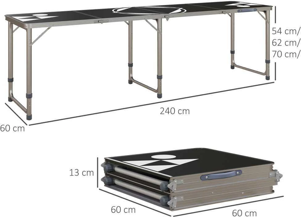Outsunny Beer Pong stalas, sulankstomas kempingo stalas, 240 x 60 cm, reguliuojamo aukščio, kelioninis stalas sodui, balkonui, aliuminis, juodas