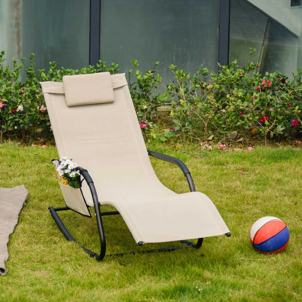 Outsunny supama kėdė sodo krėslas gultas, metalinis, tinklelis, smėlio spalvos, 150 x 62 x 88 cm