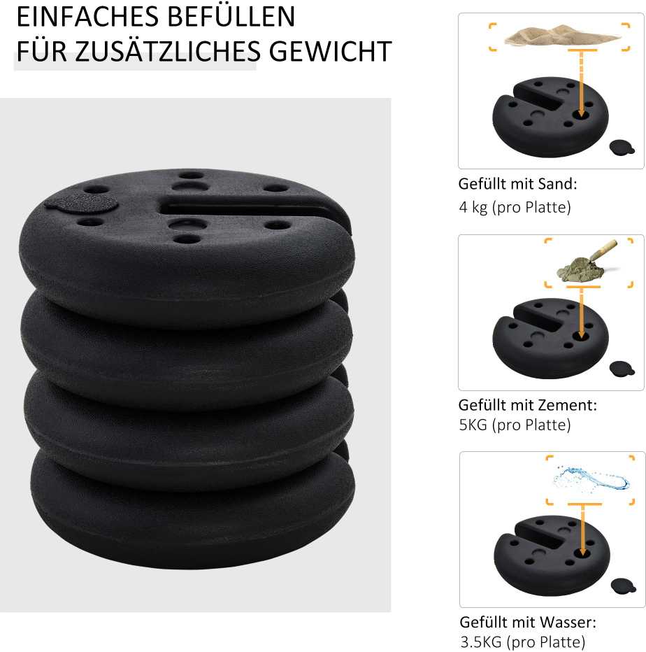 Outsunny Švenčių palapinės svoris, paviljono svoris iki 5kg, HDPE plastikas, juodas, Ø25x6cm