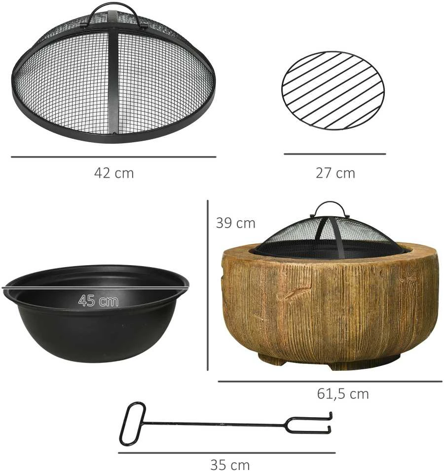 Outsunny laužavietė, židinys su dangčiu, krepšys malkoms su žarstekliu, medžio kamieno dizaino, sodui, stovyklavimui, terasai, plienas, MgO, ruda