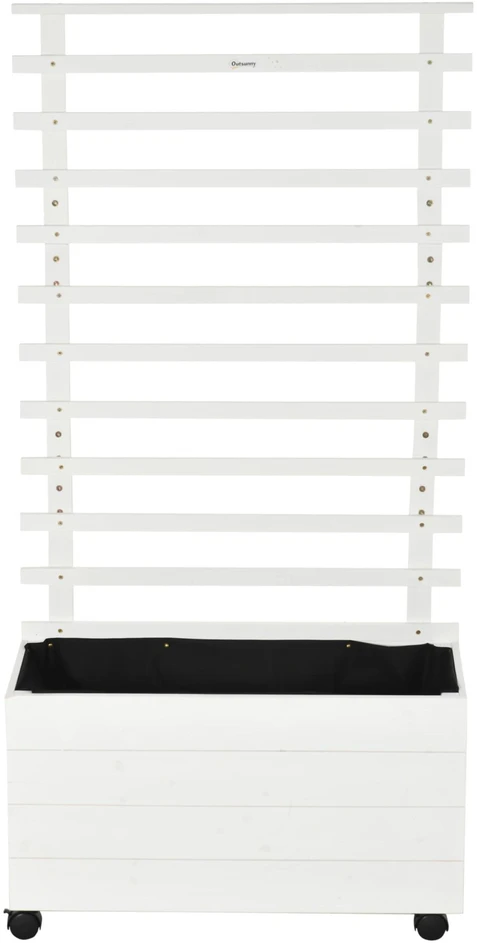 Outsunny vazonas su atrama vijokliniams augalams, gėlių dėžė su ratukais, pakelta lysvė, natūrali mediena, balta, 76 x 30 x 155 cm