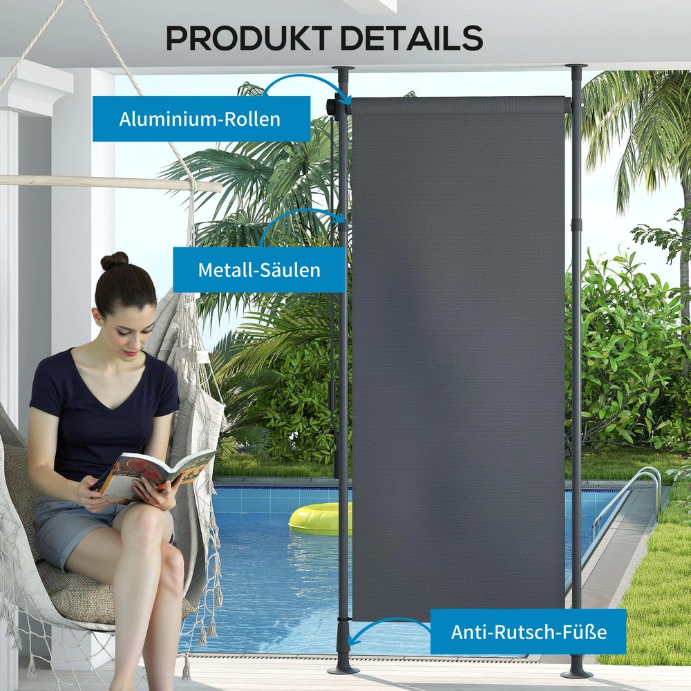 Outsunny vertikali markizė, apsauga nuo saulės, balkono užuolaida 120x220-310cm, atspari oro sąlygoms su alkūne, poliesteris, tamsiai pilka