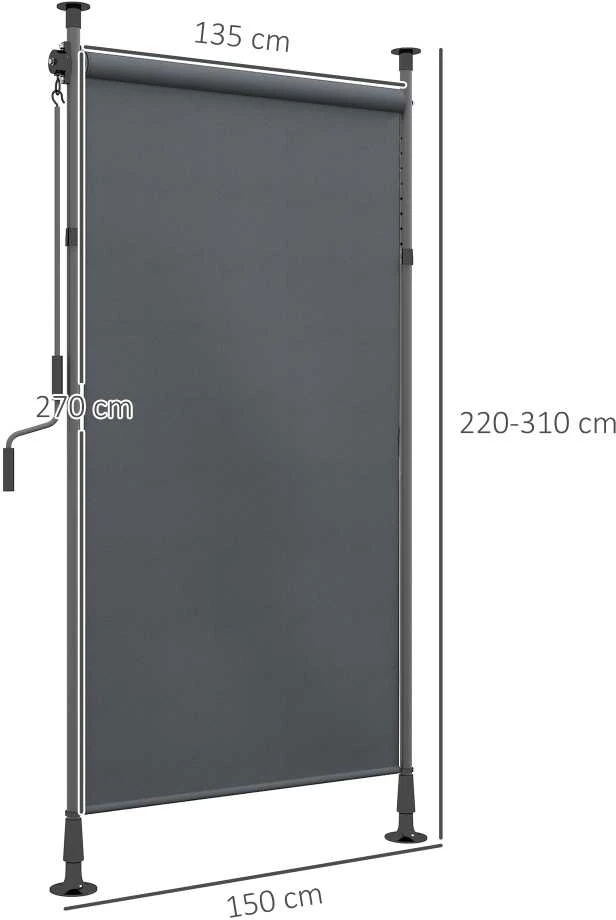 „Outsunny“ vertikali markizė su apsauga nuo saulės, balkono užuolaida 150 x 220–310 cm, balkono privatumo ekranas su rankena, atspari oro sąlygoms, poliesteris, tamsiai pilka