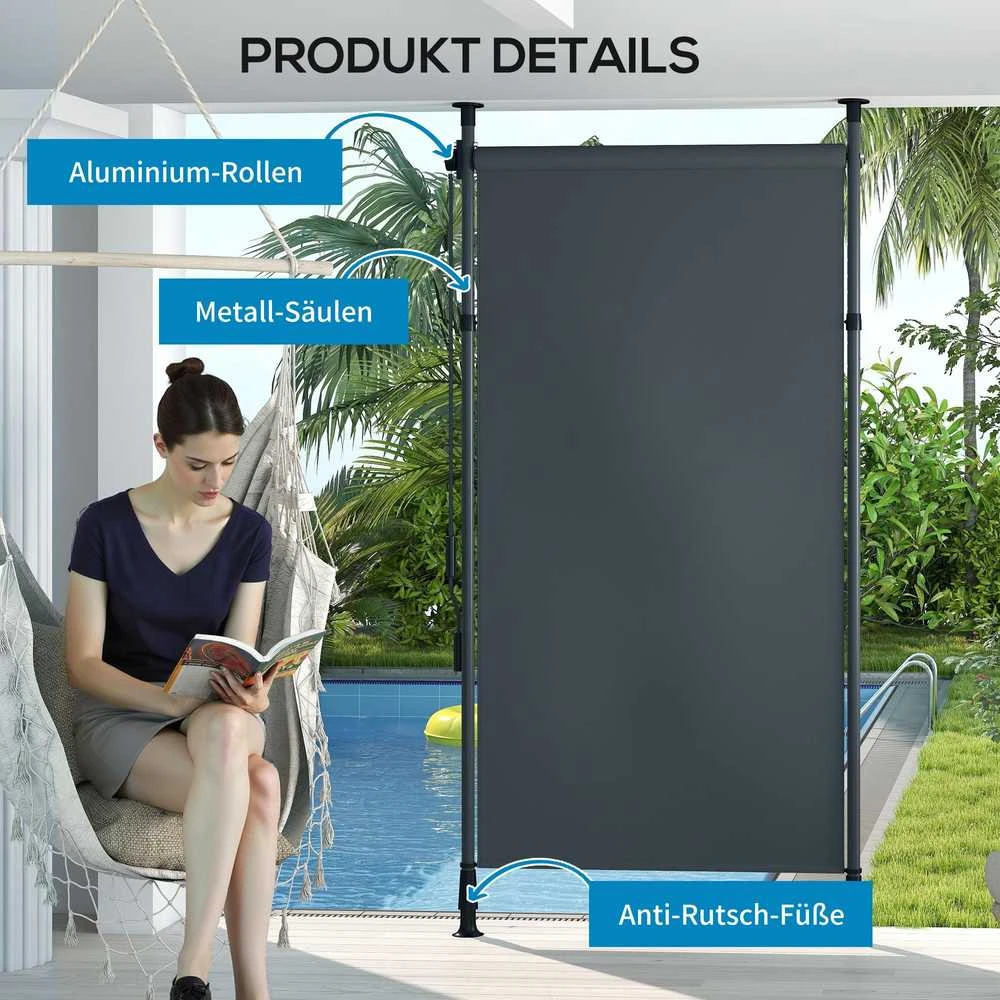 „Outsunny“ vertikali markizė su apsauga nuo saulės, balkono užuolaida 150 x 220–310 cm, balkono privatumo ekranas su rankena, atspari oro sąlygoms, poliesteris, tamsiai pilka