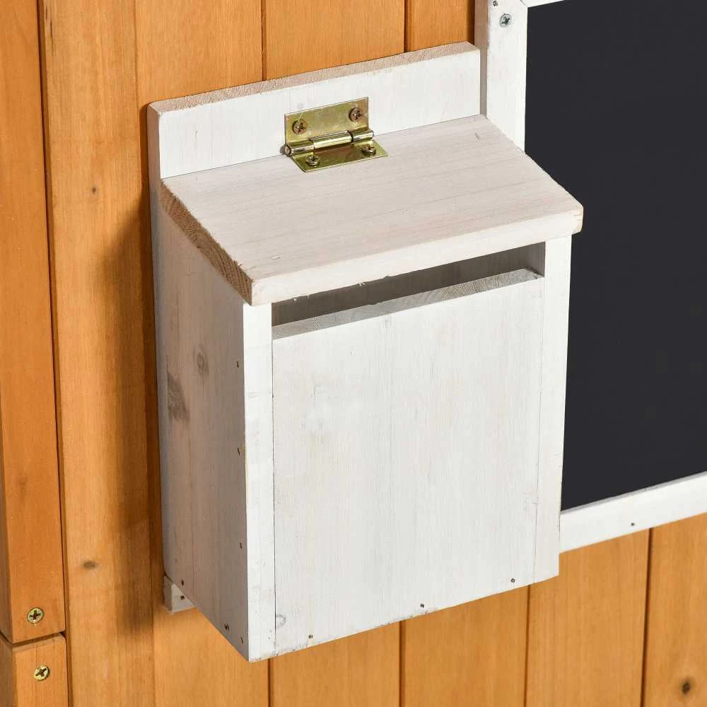 „Outsunny“ medinis žaidimų namelis vaikams, su langu, pašto dėžute ir gėlių vazono lentyna, lauko sodo namelis, 3–8 metų vaikams, eglės mediena, natūralus, 122 x 108 x 135,5 cm