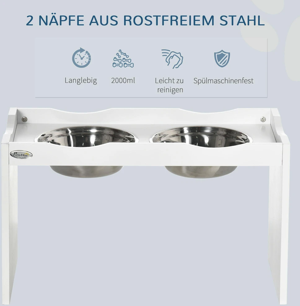 PawHut paaukštintas šunų dubuo, šėrimo dubuo su paaukštintu kraštu, 2 x 2L nuimami nerūdijančio plieno dubenys, šėrimo dubuo labai dideliems šunims, baltas