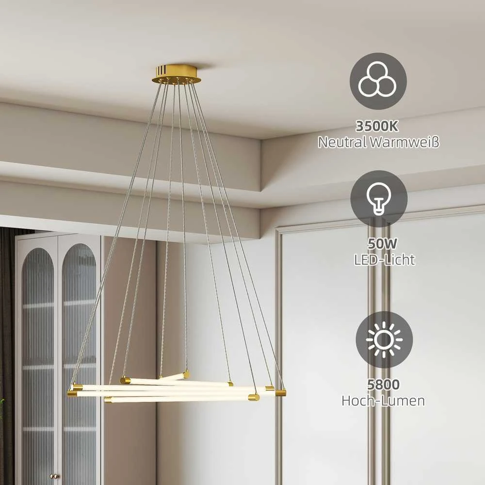 Pakabinamas šviestuvas HOMCOM LED lubinis šviestuvas, 50W, 5 reguliuojami šviesos vamzdžiai, reguliuojamas, lubinis šviestuvas svetainei, valgomajam, virtuvei, auksinė+balta