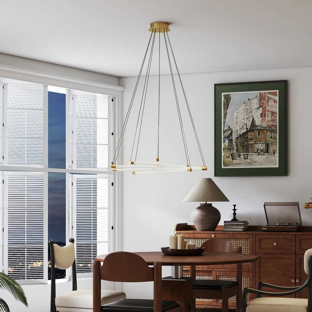 Pakabinamas šviestuvas HOMCOM LED lubinis šviestuvas, 50W, 5 reguliuojami šviesos vamzdžiai, reguliuojamas, lubinis šviestuvas svetainei, valgomajam, virtuvei, auksinė+balta