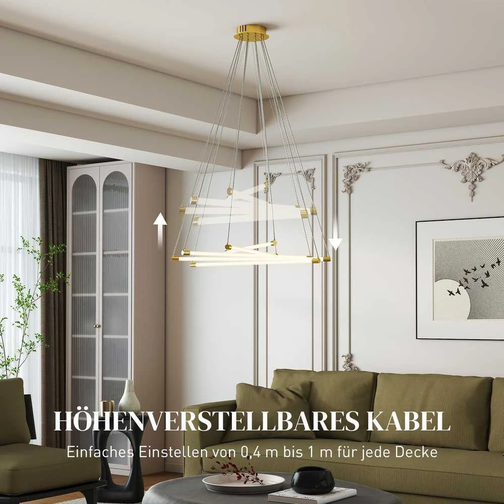 Pakabinamas šviestuvas HOMCOM LED lubinis šviestuvas, 50W, 5 reguliuojami šviesos vamzdžiai, reguliuojamas, lubinis šviestuvas svetainei, valgomajam, virtuvei, auksinė+balta