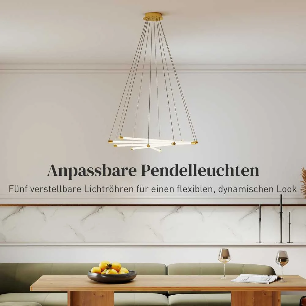 Pakabinamas šviestuvas HOMCOM LED lubinis šviestuvas, 50W, 5 reguliuojami šviesos vamzdžiai, reguliuojamas, lubinis šviestuvas svetainei, valgomajam, virtuvei, auksinė+balta