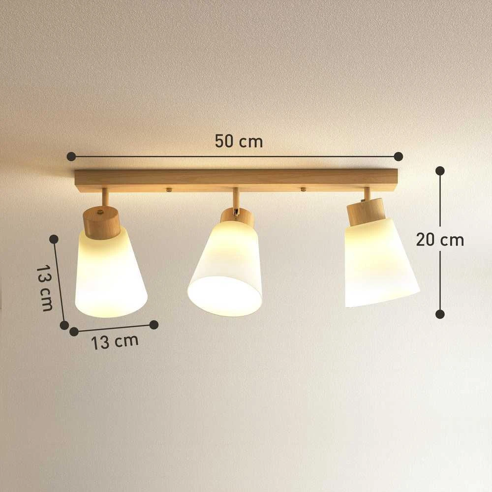 Pakabinamas šviestuvas HOMCOM LED lubinis šviestuvas 40W, su dvigubu montavimu ir 90° reguliojamomis galvutėmis, 3x E27 lizdai, natūrali mediena