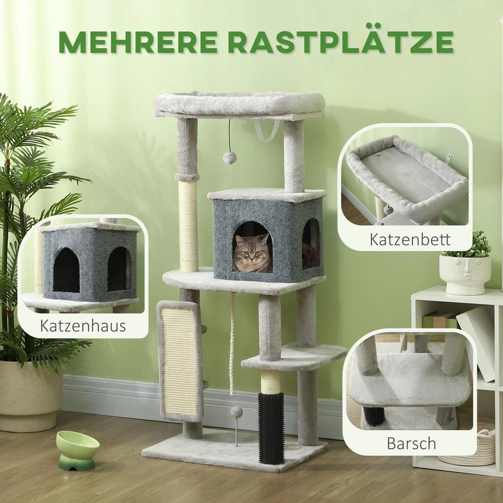 PawHut 132 cm katės draskyklė su nameliu, žaisliuku, sizalio stulpais, katėms iki 6kg, šviesiai pilka
