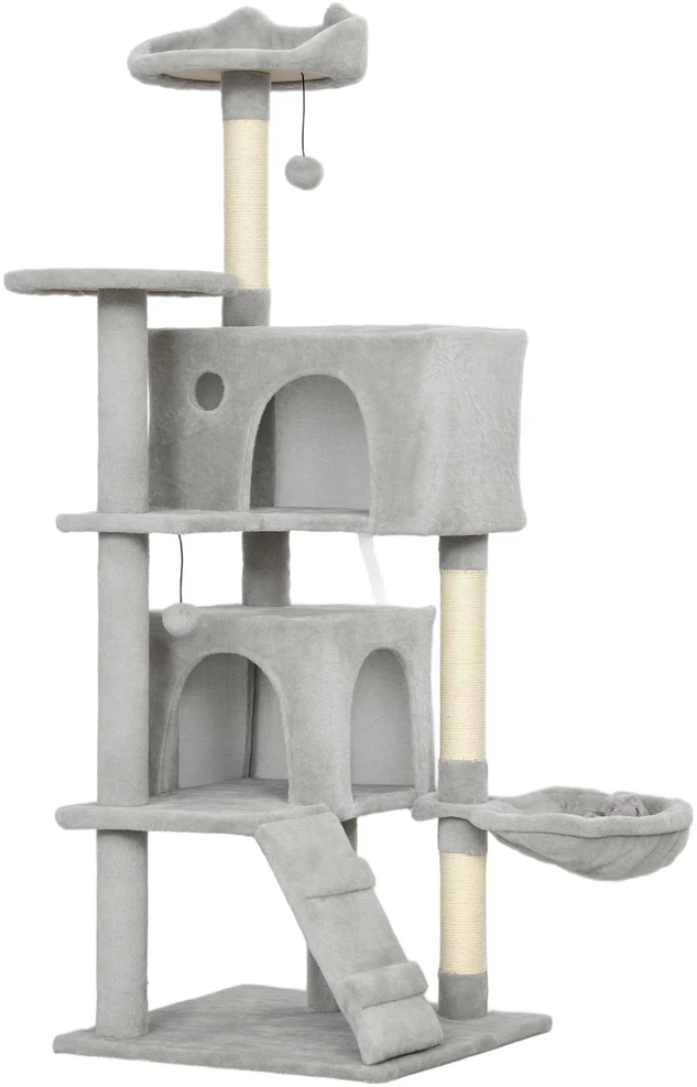 PawHut 140 cm kačių draskyklė, kelių lygių, sizalio draskymo stulpai, nameliai, pliušinės platformos, hamakas, kopėčios, žaisliniai kamuoliukai