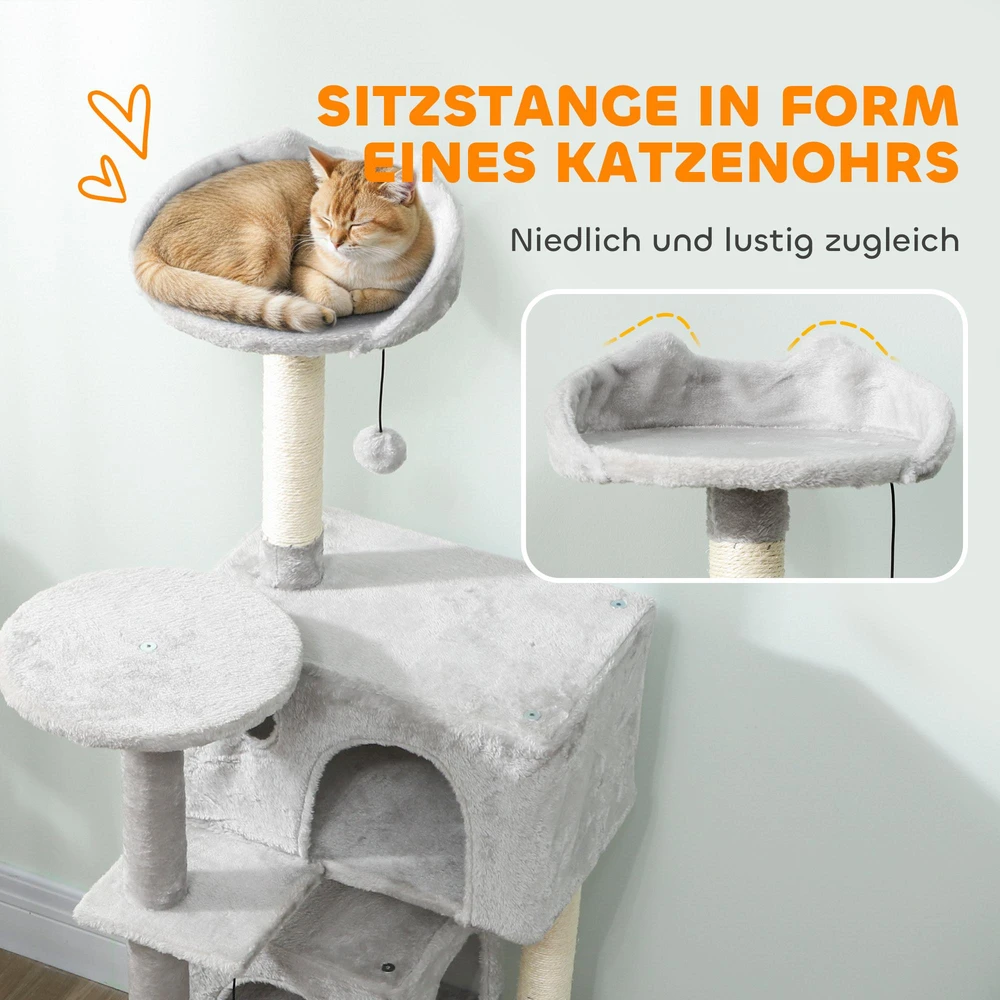 PawHut 140 cm kačių draskyklė, kelių lygių, sizalio draskymo stulpai, nameliai, pliušinės platformos, hamakas, kopėčios, žaisliniai kamuoliukai