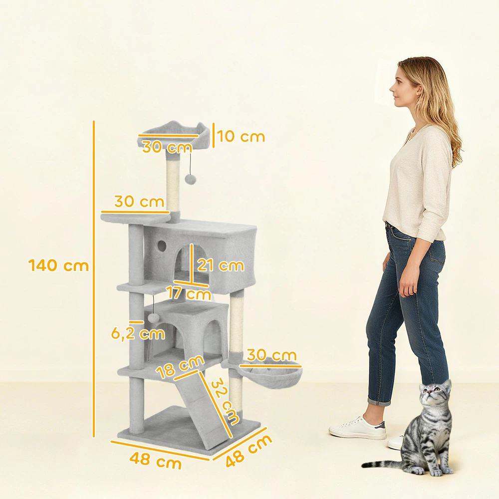 PawHut 140 cm kačių draskyklė, kelių lygių, sizalio draskymo stulpai, nameliai, pliušinės platformos, hamakas, kopėčios, žaisliniai kamuoliukai